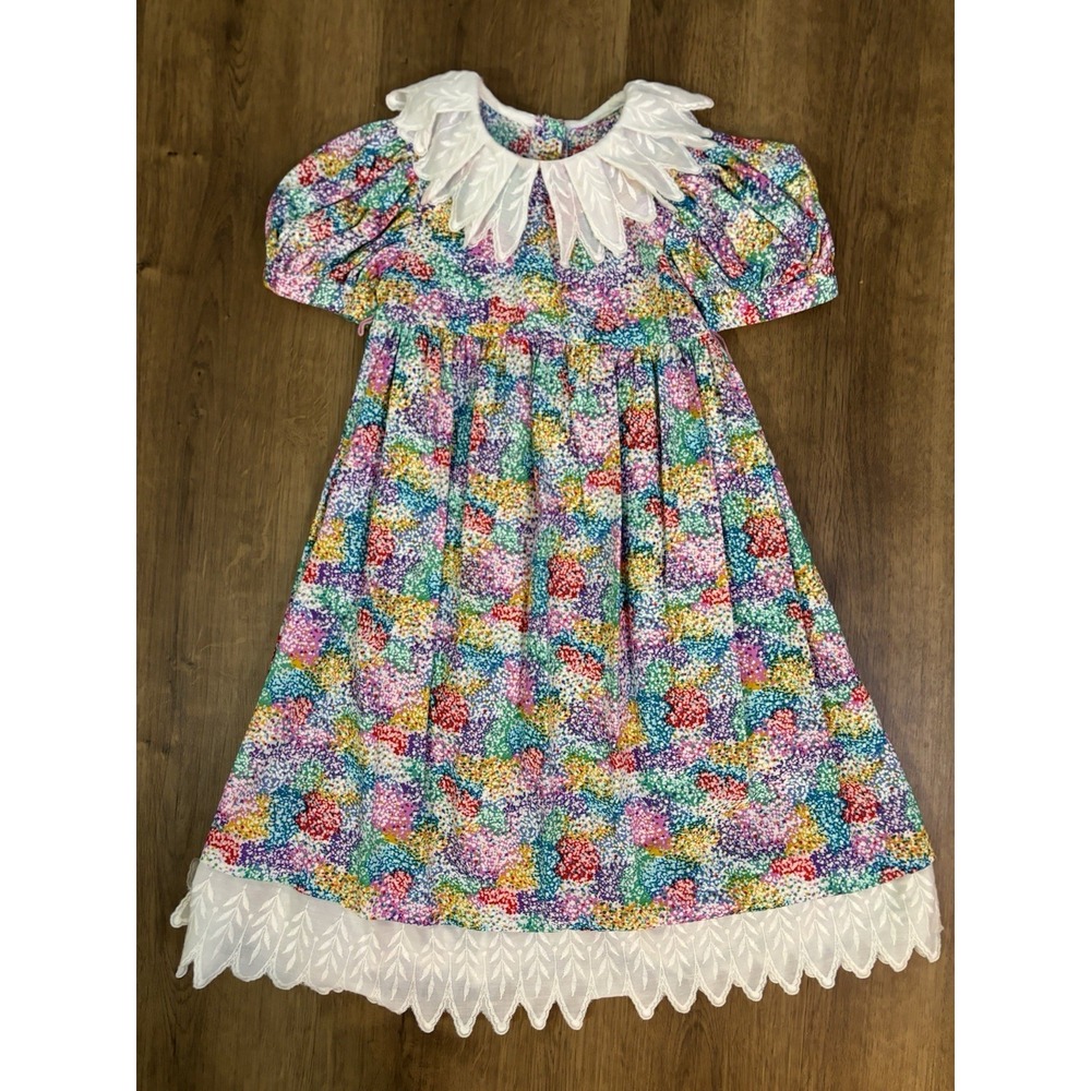 VTG SARAH KENT Bright Floral Dress Embroidered Collar & Trim 4 Cotton USA 90's